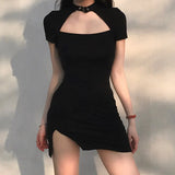 Harajuku Black Bodycon Mini Dress Women Split Side Halter Short Dresses Ladies Skinny Short Sleeve Skinny Summer