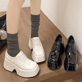 Square Head Loafers Women 2025 New Fashion Increased Front Tie Single Shoes Casual College Wind Small Leather