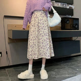 Korean Style Floral Print Long Skirts Women 2022 Summer A Line Beach Skirts Woman Elastic High Waist Midi Skirt