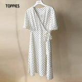 Summer Short Sleeve Shirts Dress Polka Dot Printing Dress Woman v-neck Lace Up Belt vestido