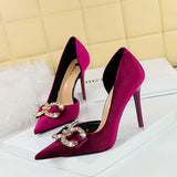 Zingj Banquet High Heels Fine Heel Shallow Mouth Tip Side Hollow Out And Thick Suede Water Diamond Button Bow Single