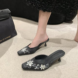 Spring And Autumn New Fashion Embroidery With Cool Slippers Small Square Head Suede With Temperament Half Drag Women's