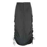 Grunge Punk Aesthetics Drawstring Trim Grey Long Skirts Cyber Y2K Streetwear Pockets Slit Back Low Waist Maxi Skirt