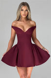 Burgundy Off-shoulder Mini Dress-Outfit