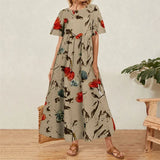 Floral Long Dress Women Summer Elegant Linen Short Sleeve Boho Maxi Dress Female Holiday Sundress Party Dresses