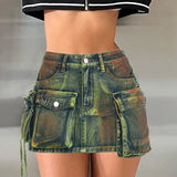 Zingj Girls Do Old Overalls Big Pocket Stitching High-Waisted Denim Skirt 2023 Summer Street Shoot New Short