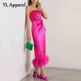 Fashion Elegant Strapless Back Split Feather Patchwork Wedding Party Long Dress Woman Summer Solid Satin Tunics Prom
