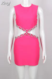 O Neck Sleeveless Cut Out Diamond Bandage Dress Women Black Backless Luxury Diamond Mini Bodycon Dress Evening Club