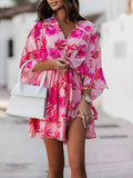 Female High Waist Party Dress Retro Pattern Print Women Bohemian Dress Summer New Sexy V Neck Bat Sleeve A-Line