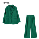 2021 New Women Two-piece Set Green Suit Set Office Lady Single Button Blazer high waist Long pants