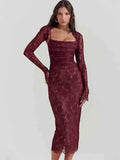 Red Lace Sheer Removable Sleeve And Lace Up Midi Dress- Outfit