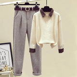 Zingj Suit Female Autumn Winter New Retro Niche Long Sleeve Fake Two Sweaters High Waist Warren Small Feet Woolen Pants-Outfit