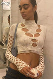 Diamonds Mesh Hollow T-Shirts Women Full Sleeve O-Neck Y2K Chic Tops Female Stretch Thin Trend Tees Streetwear