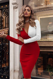 V Neck Dress Women Long Sleeve Print Skinny Wrap Bodycon Party Dress Spring Autumn Sexy Slim Office Ladies Dresses