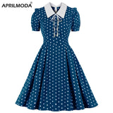 Green Vintage Retro Chiffon Party Women Dress Polka Dots Print Turn Down Collar With Bow Rockabilly A Line Party