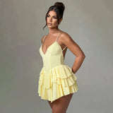 Open Back Strap Ruffled Layered Mini Dress- Outfit