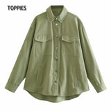 Green Cotton Shirt Jacket Button Down Loose Coat Women Long Sleeve Pockets Jacket