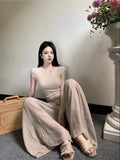 Hot Girl Casual Suit Women's Spring Short-sleeved Knitted Top High Waist Wide Leg Pants 2-piece Set Fashion Female