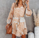 Queens Women Chiffon Floral Print Front Button Lining Beach Bohemian Mini Dress Long Sleeve Drawstring Boho