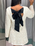 Women Rose Red Sequin Short Dress Fashion Long Sleeve Back Hollow Out Bowknot Dresses 2023 New Year Christmas Evening