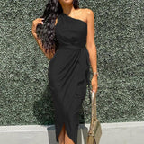 Neck Ruched Irregular Lacing Solid Satin Robe Dress Sexy Sleeveless Slit Midi Dresses Evening Party Vestidos Women