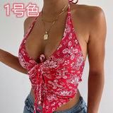 Women V Neck Pink Y2k Crop Top Summer Halter Backless Off Shoulder Bandage Ruched Print Red Sexy Tank Tops