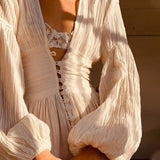 Women Boho Beach Maxi Dress Button Up Deep V Neck Full Sleeve Long Dress Fairy Grunge French Romance Holiday