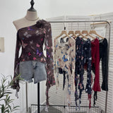 Tie Dyed Elastic Mesh Oblique Shoulder Irregular Horn Long-Sleeved T-Shirt Flower Short Floated Female