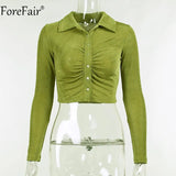 2022 Blue Sexy Women Crop Top Y2k V Neck Casual Ruched Long Sleeve Summer Green T Shirt Fashion Female Tee