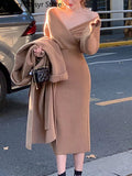 Elegant Long Knitting Dress Women Autumn Sexy Off Shoulder Chic Y2k Dress 2023 Vintage Casual Evening Party Sweater