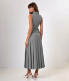 Buttoned Vest And Pleated Midi Skirt Two Piece Set- Outfit