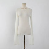 See Through High Quality Plain T Shirt Women Cotton Elastic Basic Long Sleeve Sheer Slim Ladies T-Shirt Korean Style