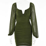 V-Neck Puff Sleeve Ruched Dress Women Party Double Layer Long Sleeve Sexy Mini Dresses Elegant Femme Clubwear