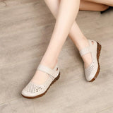 Genuine Leather Ladies Flat Summer Shoes Woman Slip On Casual Loafers Hollow Out Round Toe Soft Comfort Sandals