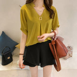 Plus Size Summer Tops Blouse Solid V-neck Short Sleeve Chiffon Blouse Women Elegant Korean Loose Slim New Ladies