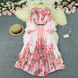 Zingj New Women's Dress Oversized Skirt Print Pleated Waist Lace Holiday