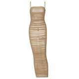 Women Fashion Summer Sleeveless Bodycon Mesh See Through Soild Color Long Dress Sundress 2021 Female Clothing