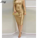 Women Spring Summer Sleeveless Party Halter Zipper Design Cutout Backless Bodycon Midi Dress Hollow Out Sexy Golden