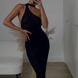 New Summer Sexy Seaside Holiday Solid-Colored Shoulder Bag Hips Long Dress