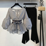 2022 Spring Summer 2 Pcs Suits Women's Striped Bow Lantern Sleeve Blouse + Black Split Flare Sleeve Pants Set