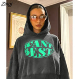 Fall Winter Graphic Cropped Hoodies For Women 2022 Hooded Long Sleeve Gray Print Tops Ladies Loose Casual