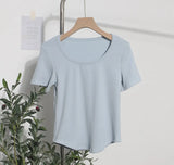 Solid Color Irregular U-Neck Short-Sleeved T-Shirt Woman Xia Slimming Leisure Short Coat
