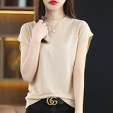 T-Shirt Round Collar Bottom Top 2025 New Solid Color Loose T Ice Knitted Shirt