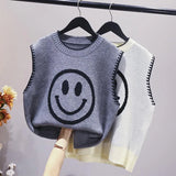 smiley jacquard round neck sleeveless knitted vest loose sweater Korean pullover blouse women casual