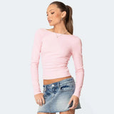 Pink Backless Bow Long Sleeve Top-Outfit