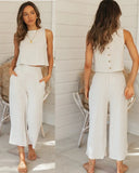 Queens Women Two Piece Outfits Tops Bohemian High Elastic Waist Long Wide Leg Pants 2 Pieces Linen Boho