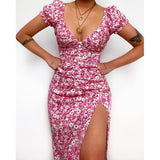 Zingj Spring And Summer New Flower Print Small Fresh And Sweet V-Neck Long Dress