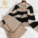 2PCS Set Women Knitted Pullovers Sweater Halter Stripe Knit Jumper Tops + Wide Leg Long Pants Suits