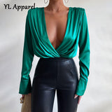 Spring Autumn Women Deep V-neck Patchwork Bodysuit Sexy Elegant Ladies Long Sleeve Skinny Blouse Jumpsuit Overalls