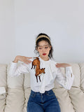 Spring 2022 Fashion Women Fox Embroidered Shirt Ruffle Long Sleeve Top Button Up Collared Shirt Designer Elegant